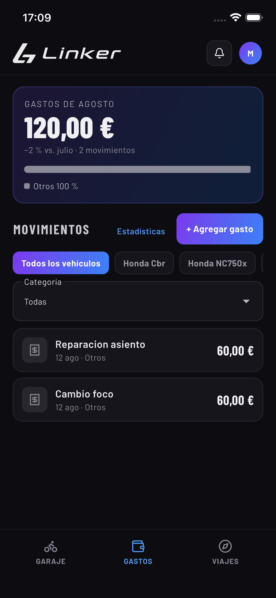 Pantalla de gastos de Linker con el resumen mensual por categorías