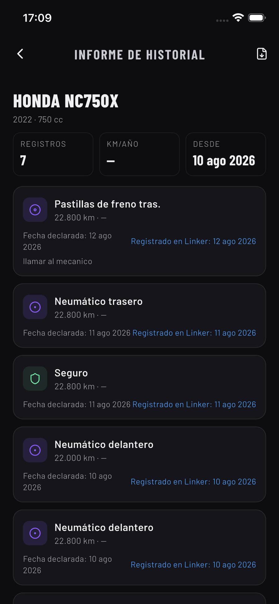 Pantalla de historial de Linker mostrando el informe verificable de un vehículo