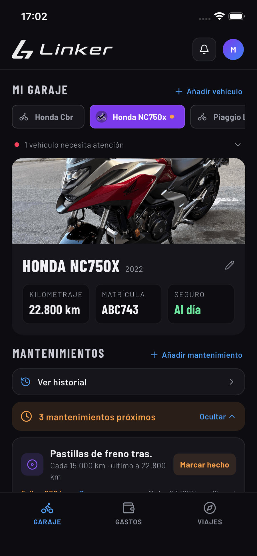 Pantalla principal de Linker con el estado del vehículo y los próximos mantenimientos