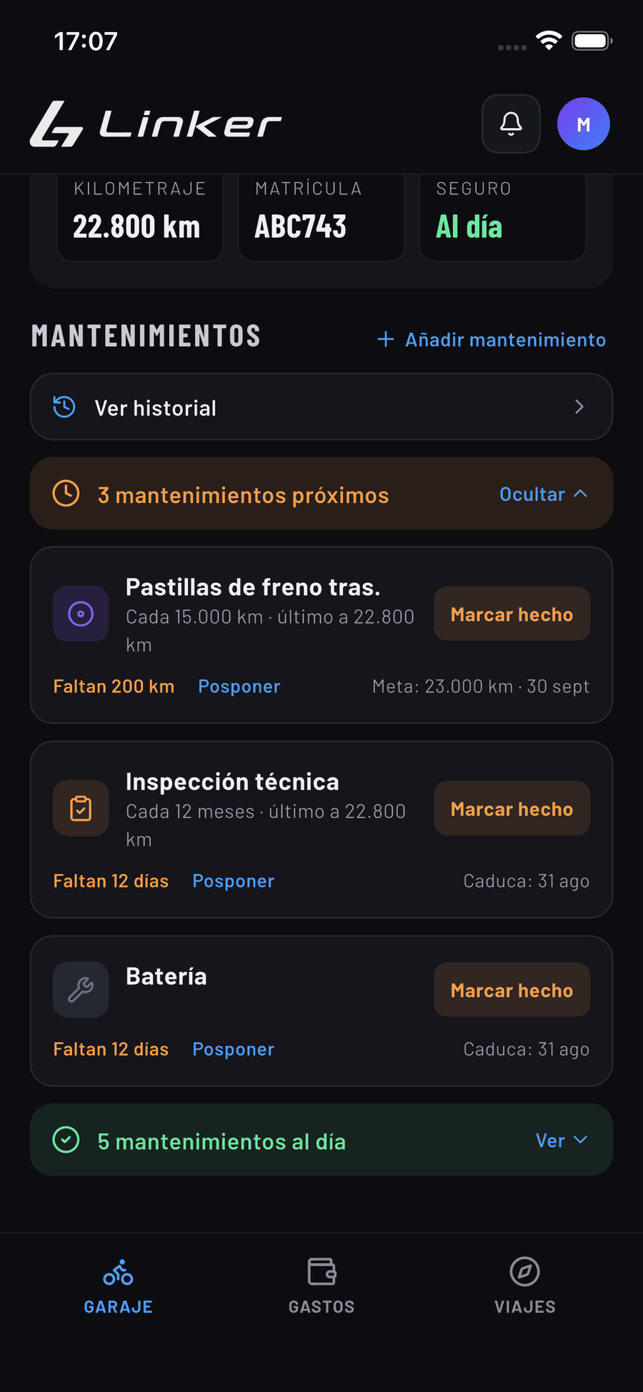 Pantalla de plan de mantenimiento de Linker con los próximos avisos de aceite, neumáticos e ITV